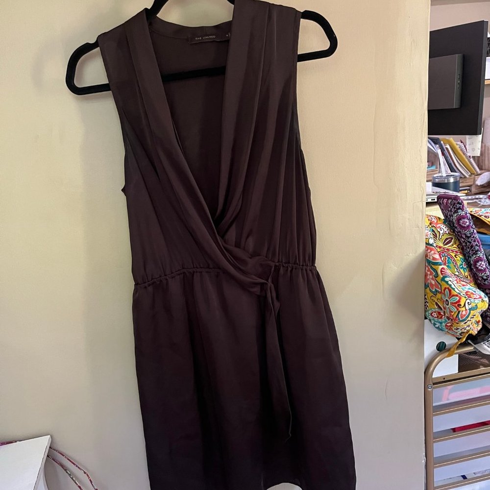Brown Satin Look Wrap Sleeveless Dress